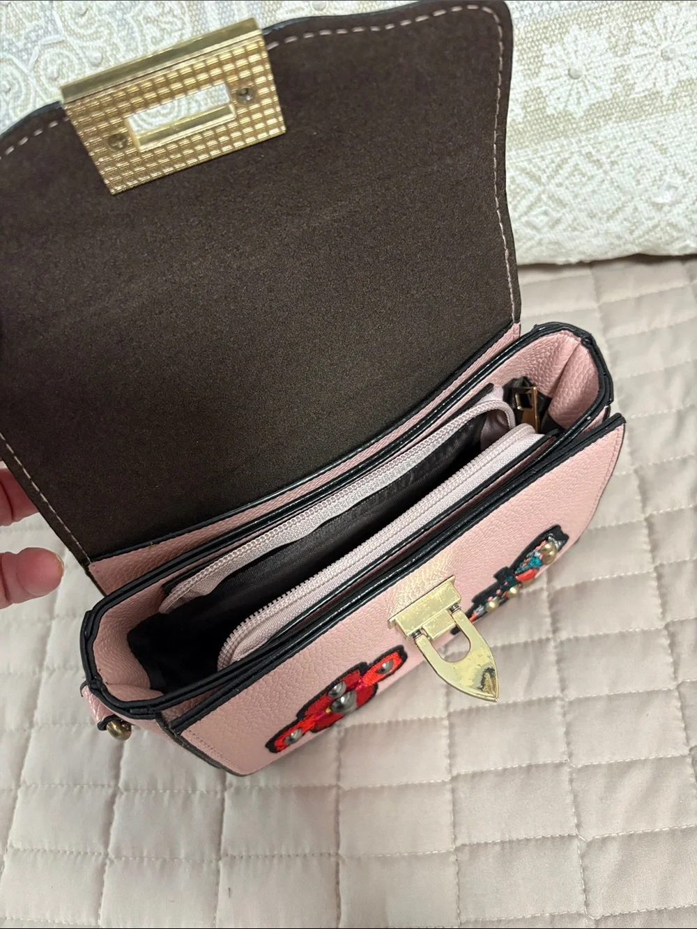 Pink Embellished Crossbody Bag with Floral & Butterfly Appliqué. Candy couture